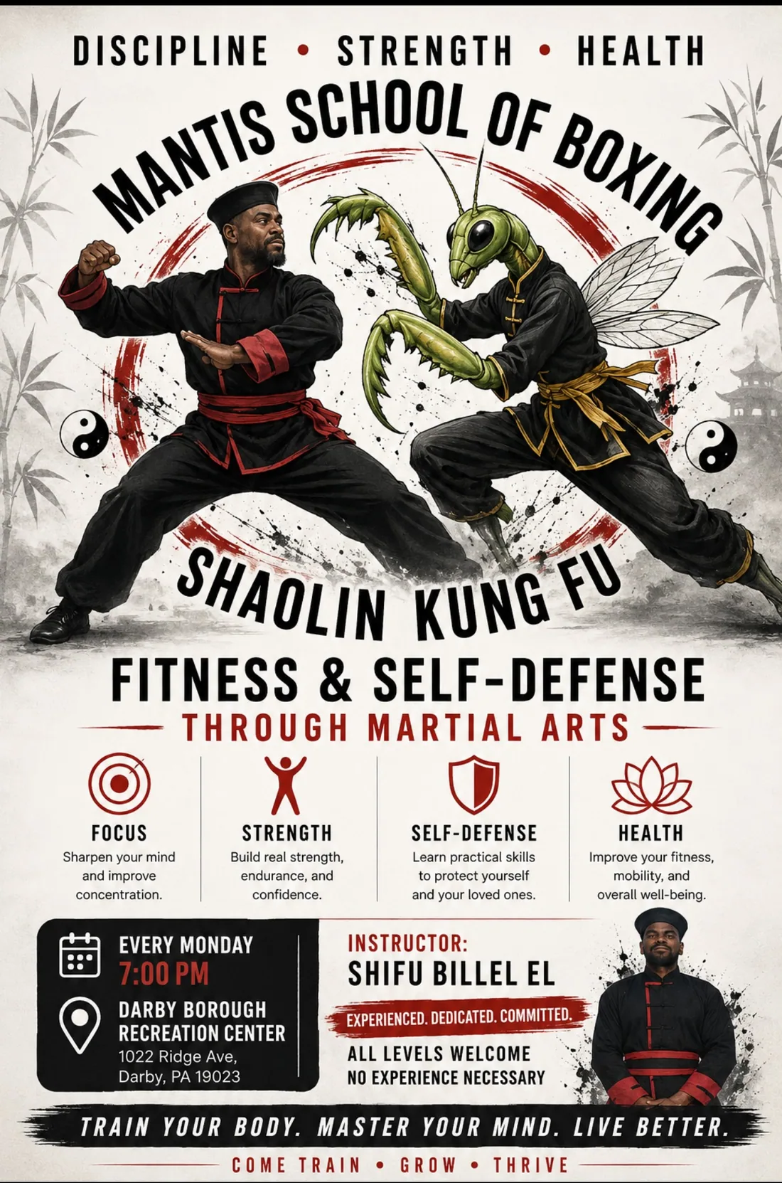 Mantis School of Boxing adult class flyer